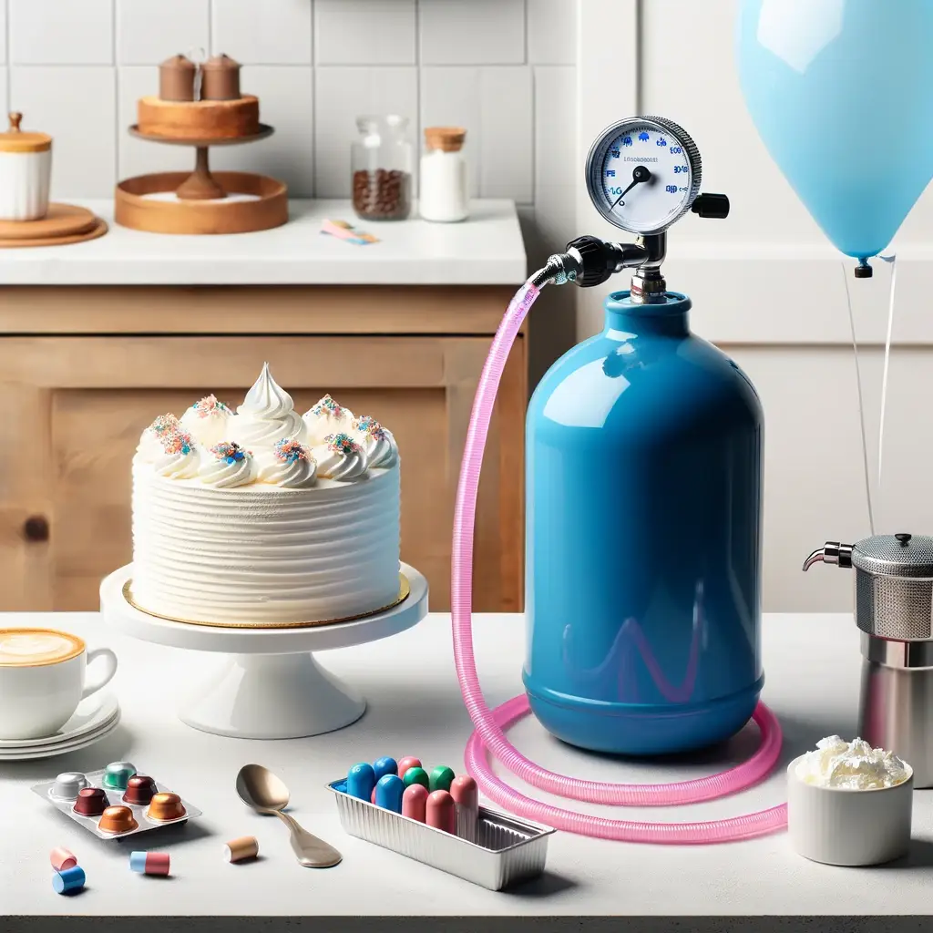 connected to a nitrous oxide tank, near a cake on a white table